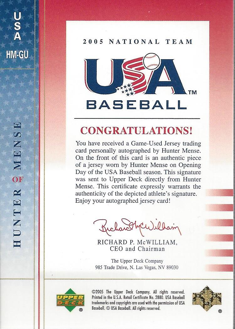 2005-06 USA Baseball National Team Opening Day Jersey Signature Blue #HM Hunter Mense back image
