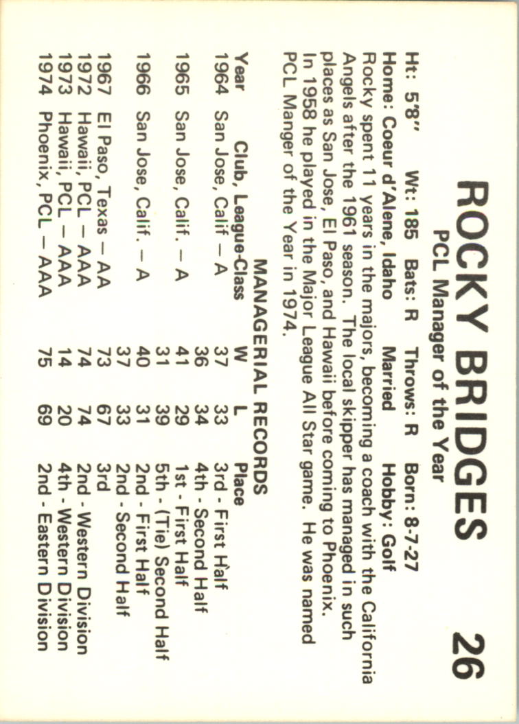 1975 Phoenix Giants Circle K #1 Rocky Bridges MG back image
