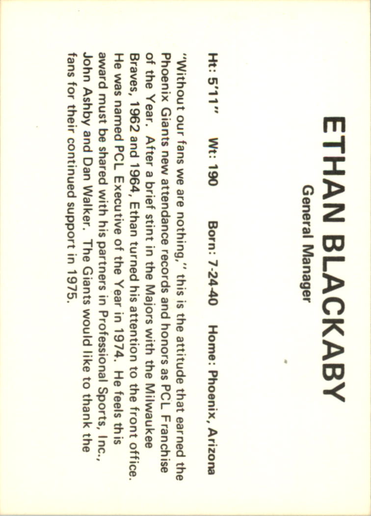 1975 Phoenix Giants Circle K #25 Ethan Blackaby GM back image