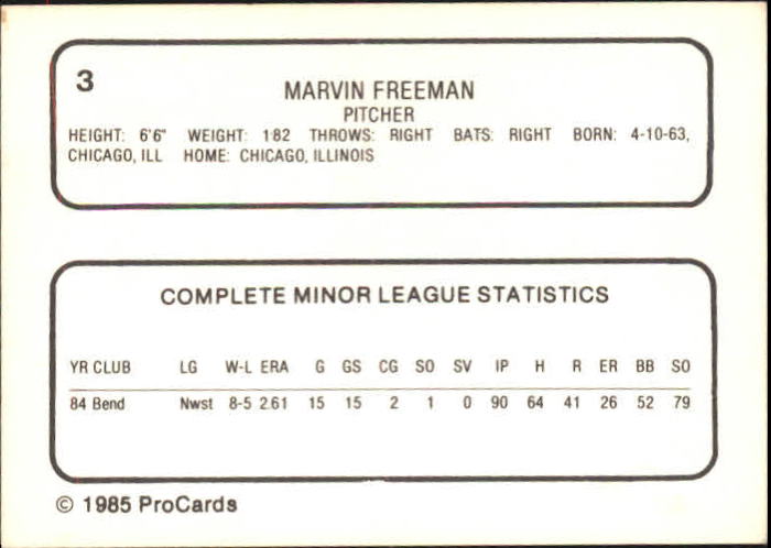 1985 Reading Phillies ProCards #3 Marvin Freeman back image