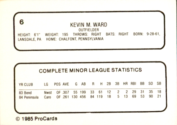 1985 Reading Phillies ProCards #6 Kevin Ward back image