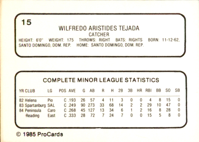1985 Reading Phillies ProCards #15 Wilfredo Tejada back image