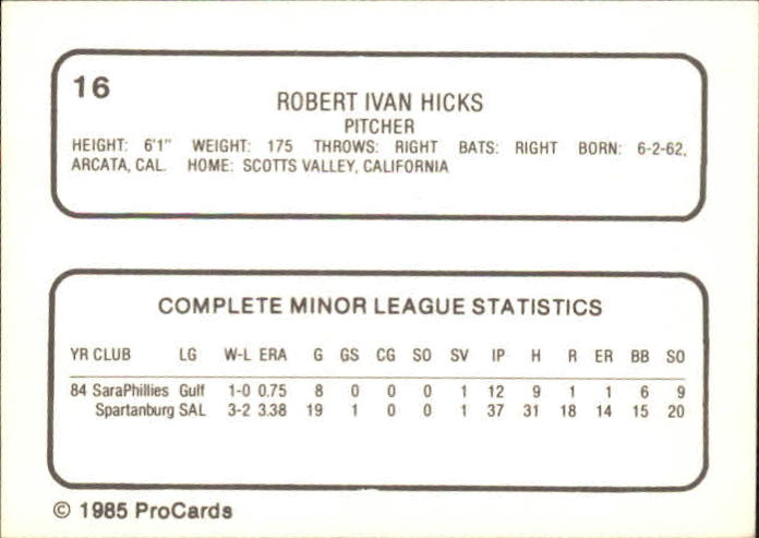 1985 Reading Phillies ProCards #16 Rob Hicks back image