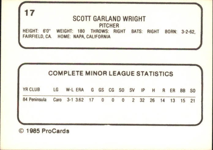 1985 Reading Phillies ProCards #17 Scott Wright back image