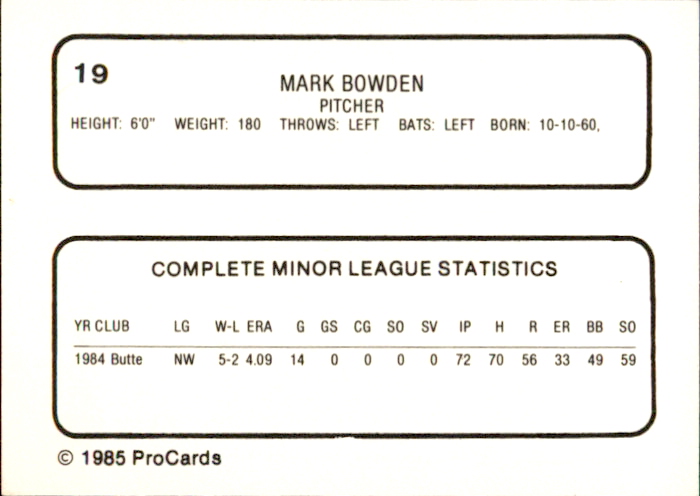 1985 Reading Phillies ProCards #19 Mark Bowden back image