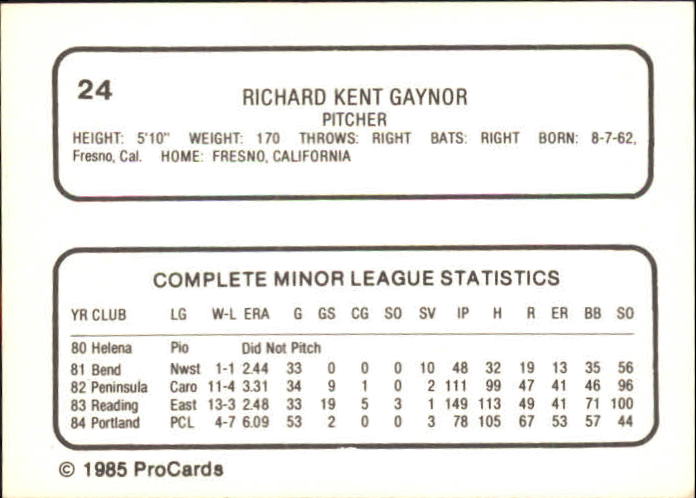 1985 Reading Phillies ProCards #24 Rich Gaynor back image