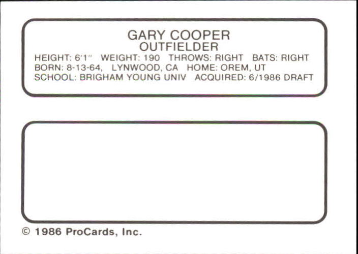 1986 Auburn Astros ProCards #7 Gary Cooper back image
