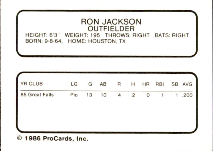 1986 Bakersfield Dodgers ProCards #15 Ron Jackson back image