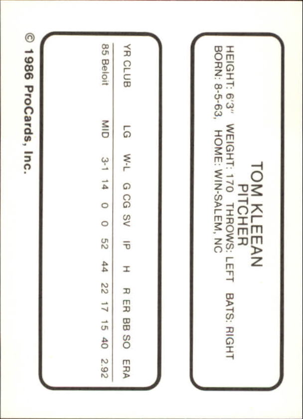 1986 Beloit Brewers ProCards #12 Tom Kleean back image