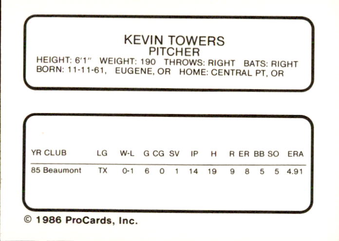 1986 Charleston Rainbows ProCards #26 Kevin Towers back image