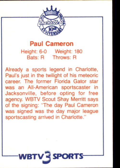 1986 Charlotte Orioles WBTV #7 Paul Cameron back image