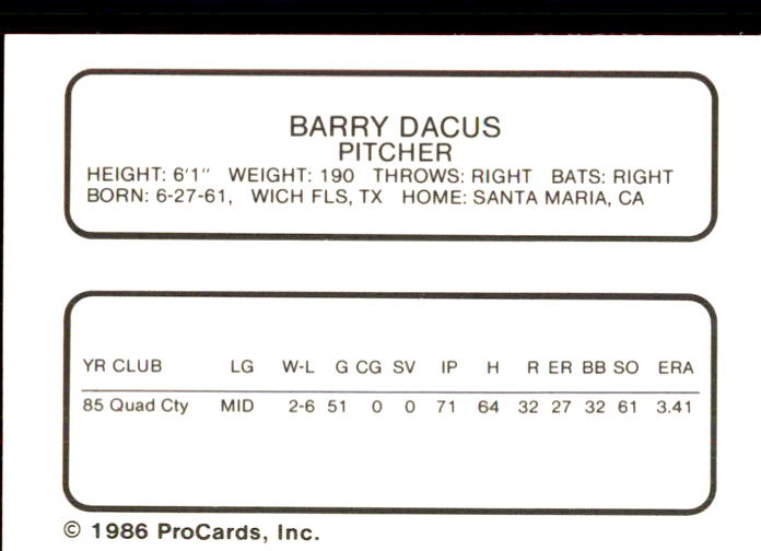1986 Palm Springs Angels ProCards #9 Barry Dacus back image