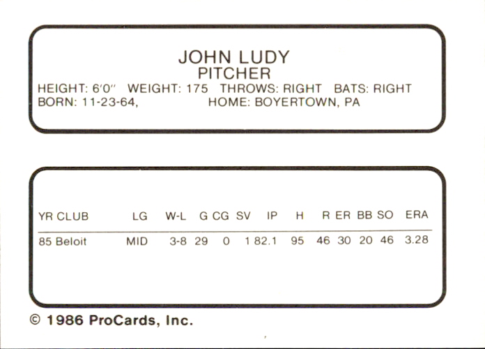 1986 Stockton Ports ProCards #13 John Ludy back image