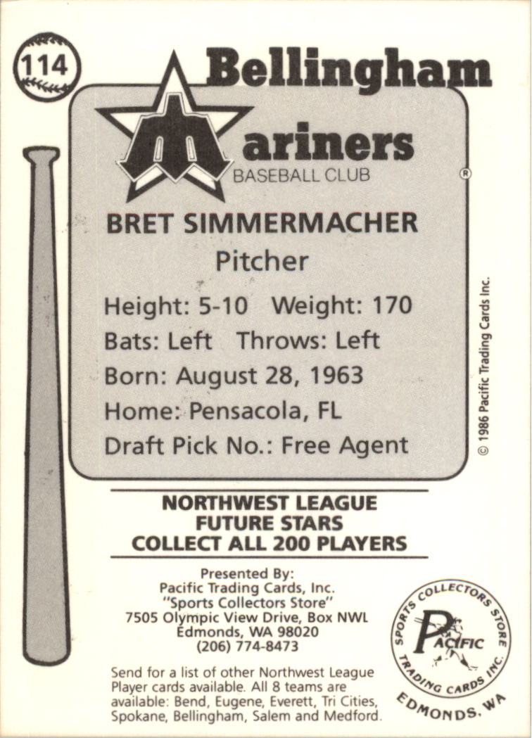 1986 Bellingham Mariners Cramer #114 Bret Simmermacher - NM-MT