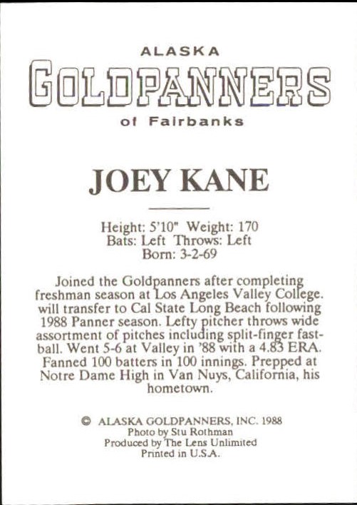1988 Alaska Goldpanners Team Issue #11 Joey Kane back image