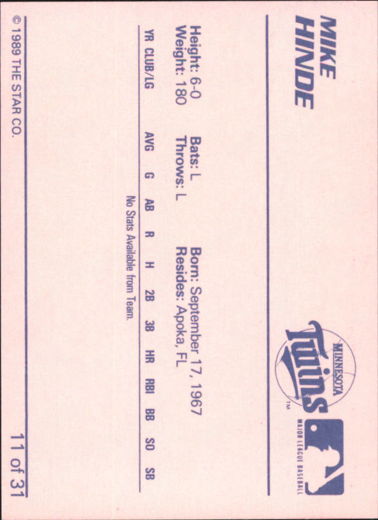 1989 Elizabethton Twins Star #11 Mike Hinde