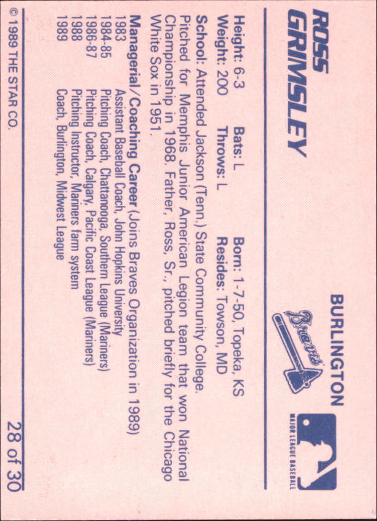 1989 Burlington Braves Star #28 Ross Grimsley CO back image