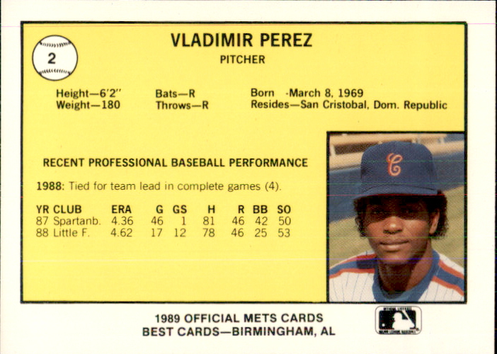 1989 Columbia Mets Best #2 Vladimir Perez back image