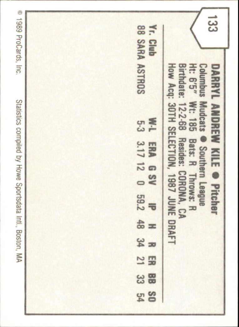 1989 Columbus Mudcats ProCards #133 Darryl Kile back image