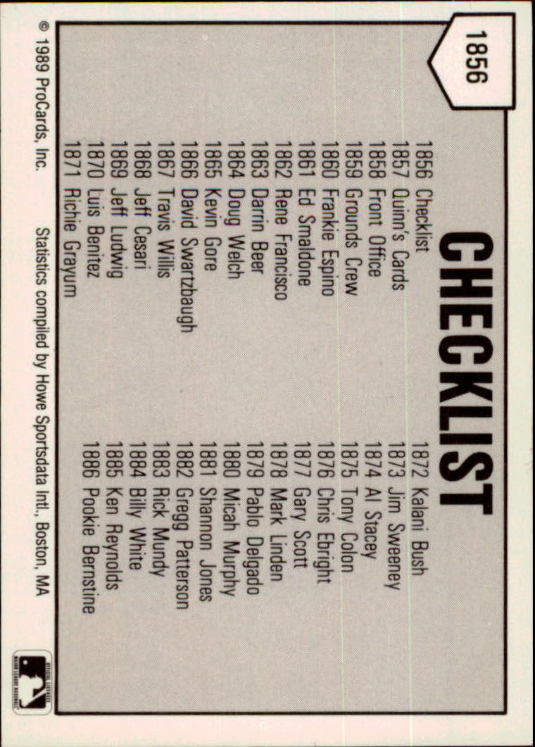 1989 Geneva Cubs ProCards #1856 Checklist back image