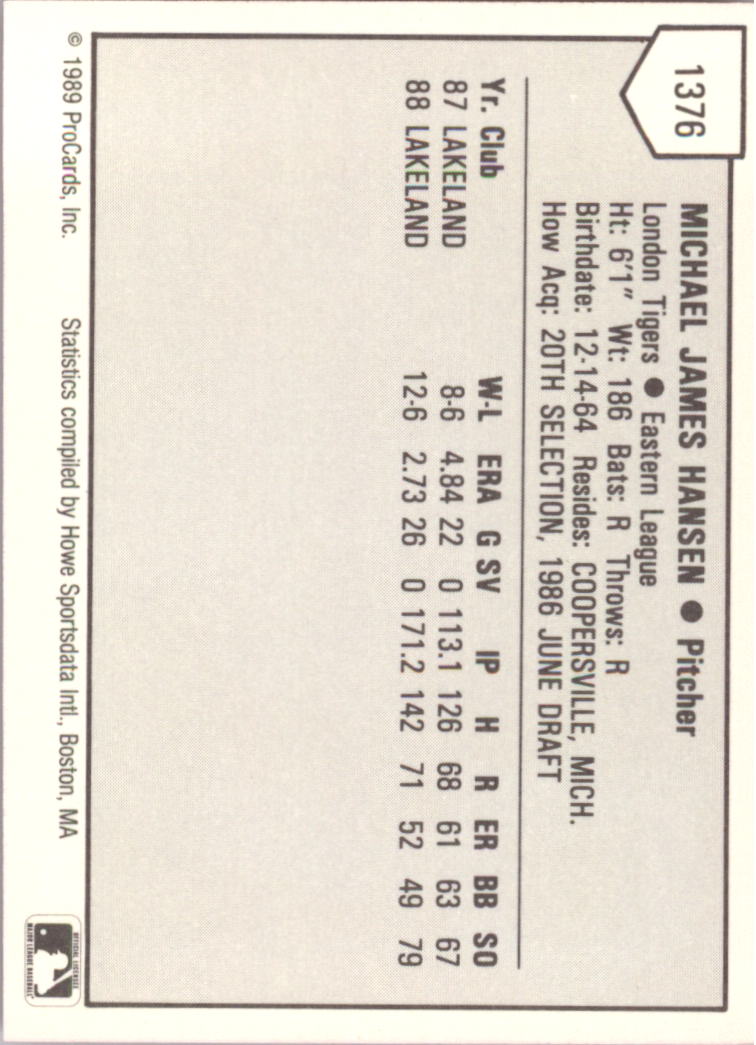 1989 London Tigers ProCards #1376 Mike Hansen - NM-MT