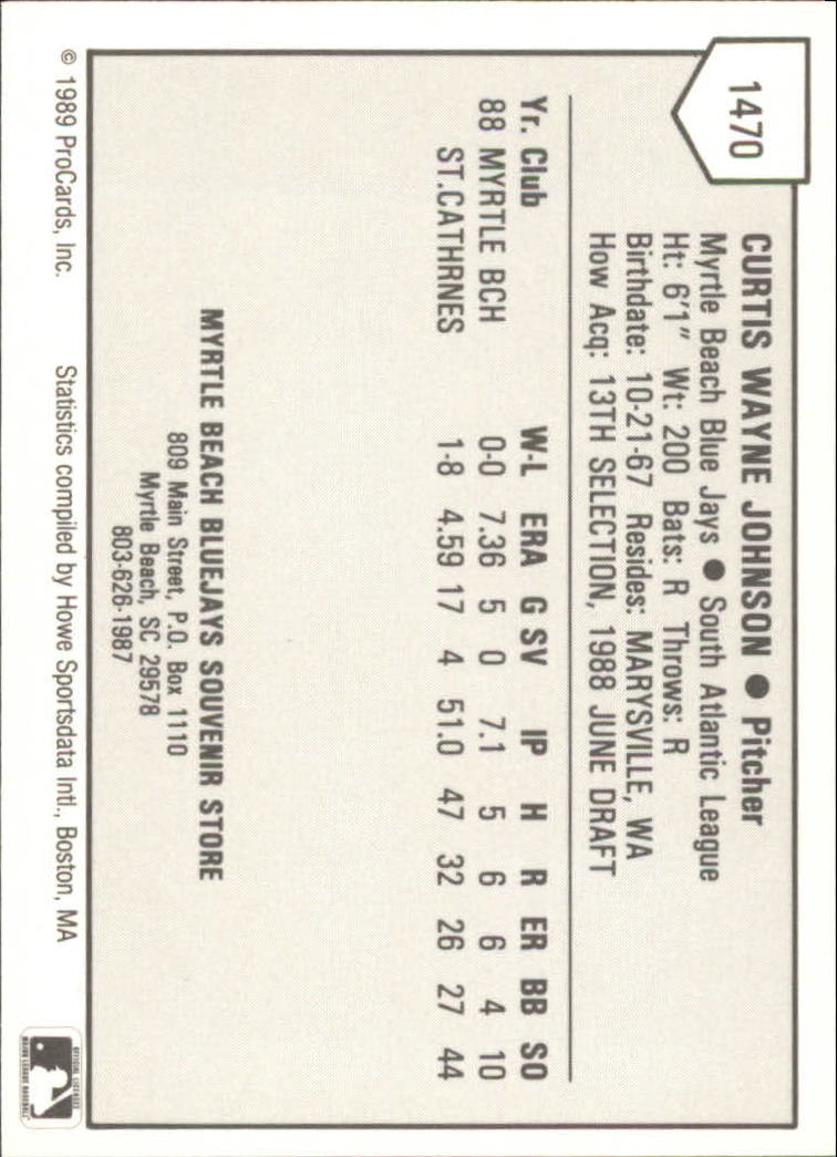 1989 Myrtle Beach Blue Jays ProCards #1471 Curtis Johnson back image