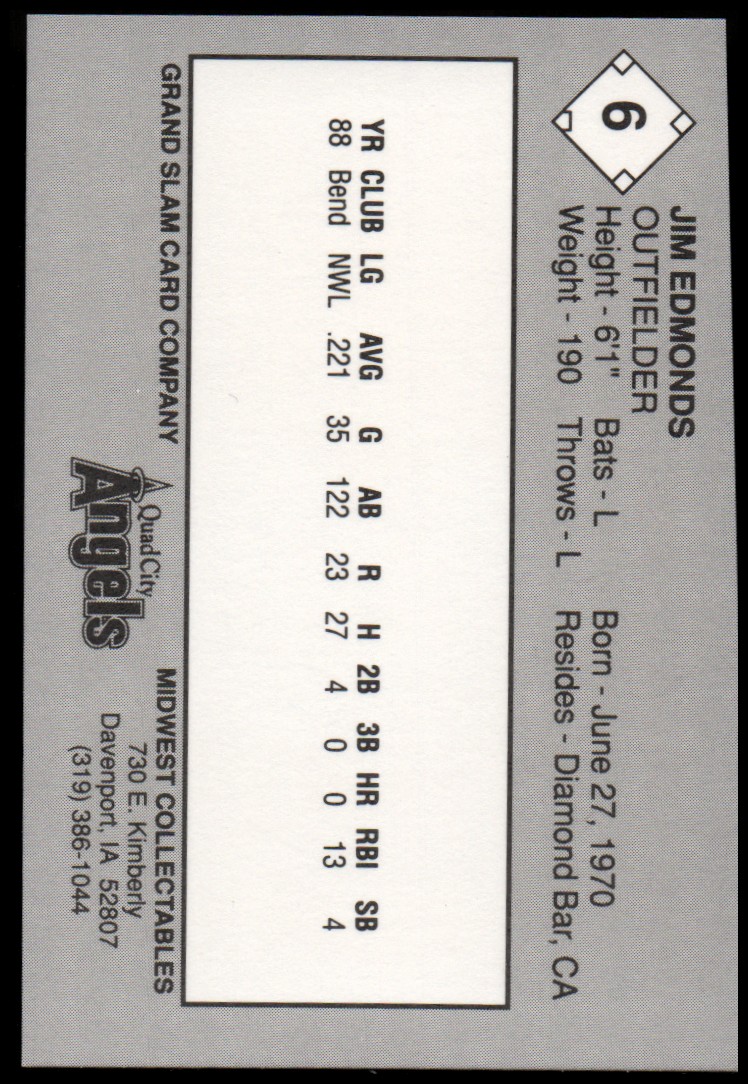 1989 Quad City Angels Grand Slam #6 JIm Edmonds back image