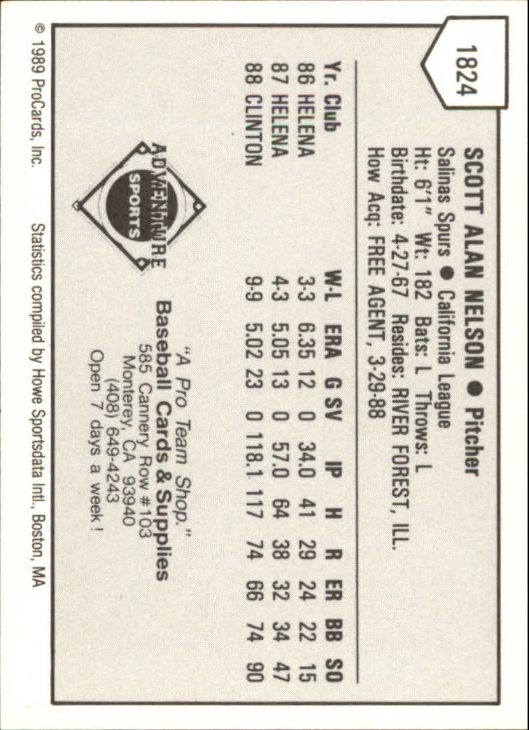 1989 Salinas Spurs ProCards #1824 Scott Nelson back image