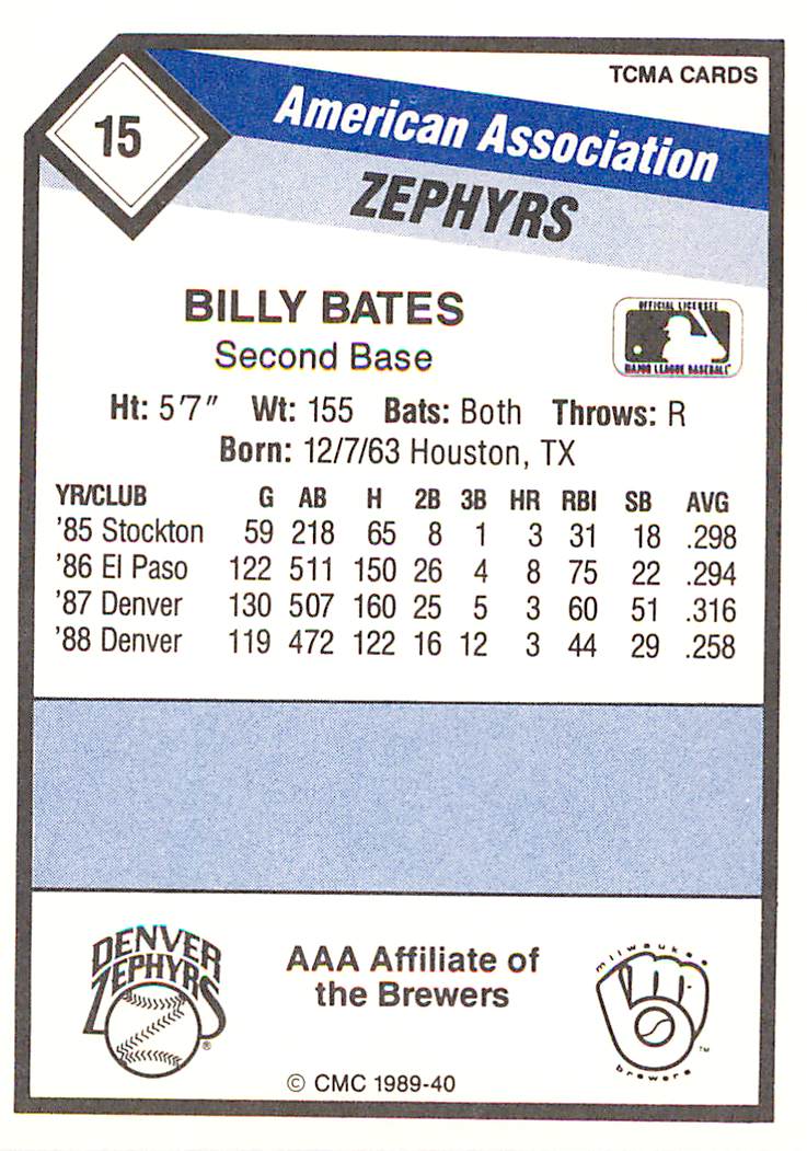 1989 Denver Zephrys CMC #15 Billy Bates - NM-MT