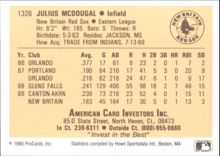 1990 New Britain Red Sox ProCards #1326 Julius McDougal back image
