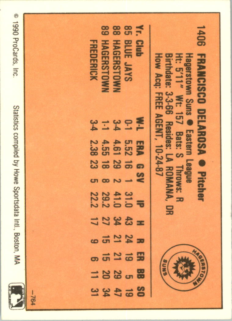 1990 Hagerstown Suns ProCards #1406 Francisco de la Rosa back image