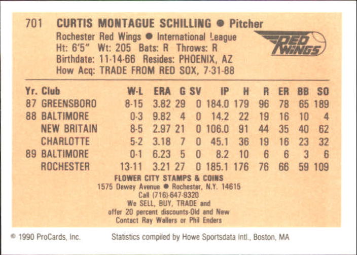 1990 Rochester Red Wings ProCards #701 Curt Schilling back image