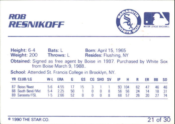 1990 Sarasota White Sox Star #21 Rob Resnikoff - NM-MT