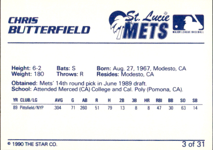 1990 St. Lucie Mets Star #4 Archie Corbin - NM - Gearhart