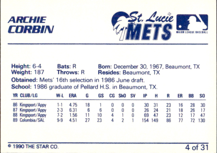 1990 St. Lucie Mets Star #4 Archie Corbin - NM - Gearhart