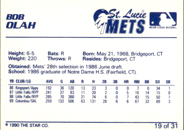 1990 St. Lucie Mets Star #4 Archie Corbin - NM - Gearhart