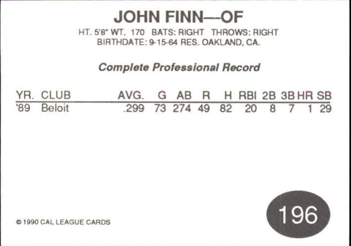 1990 Stockton Ports Cal League Cards #196 John Finn back image