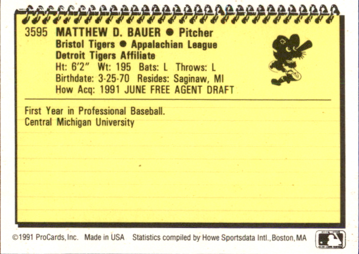 1991 Bristol Tigers ProCards #3595 Matt Bauer back image