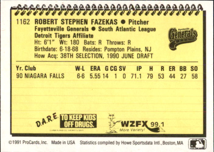 1991 Fayetteville Generals ProCards #1162 Bob Fazekas back image