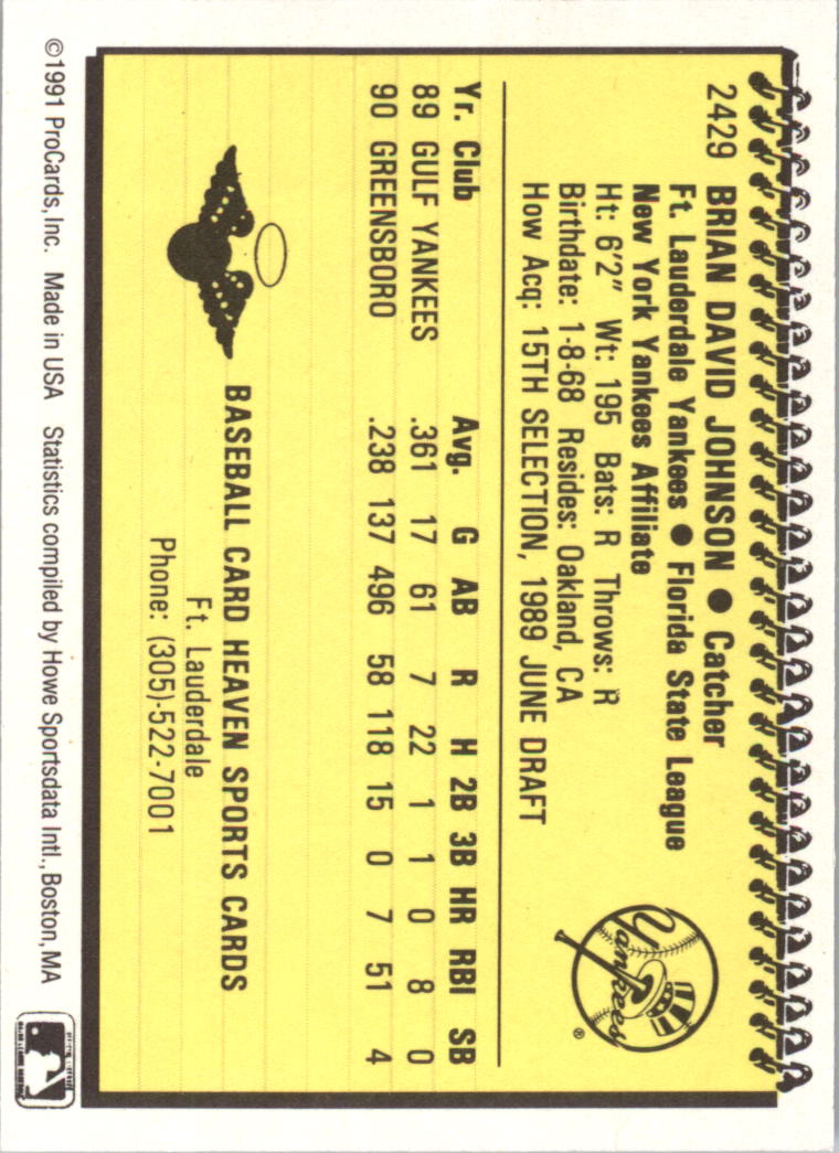 1991 Ft. Lauderdale Yankees ProCards #2429 Brian Johnson back image