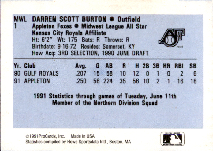 1991 Midwest League All-Stars ProCards #MWL1 Darren Burton back image