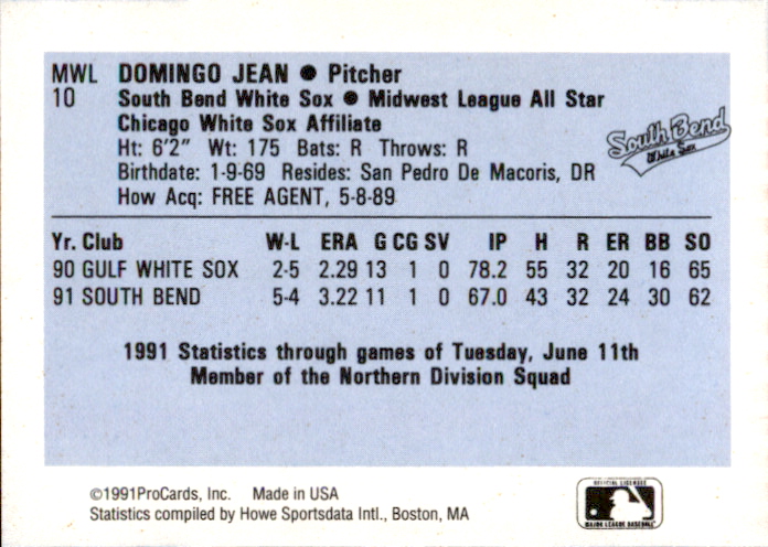 1991 Midwest League All-Stars ProCards #MWL10 Domingo Jean back image