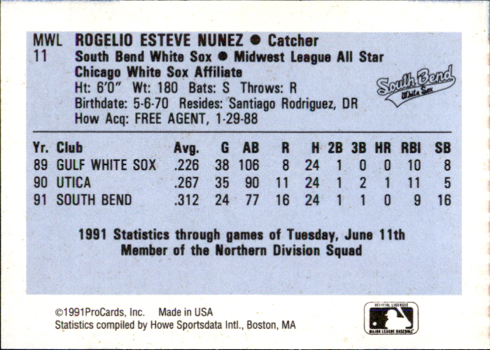 1991 Midwest League All-Stars ProCards #MWL11 Rogelio Nunez back image