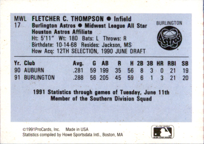 1991 Midwest League All-Stars ProCards #MWL17 Fletcher Thompson back image