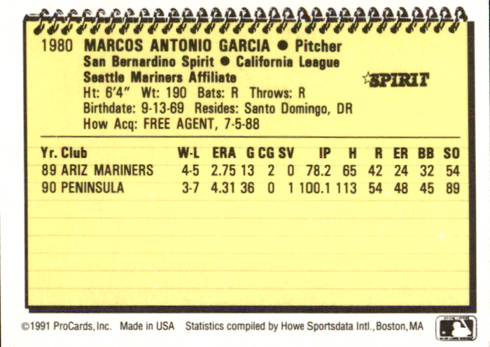 1991 San Bernardino Spirit ProCards #1980 Marcos Garcia back image