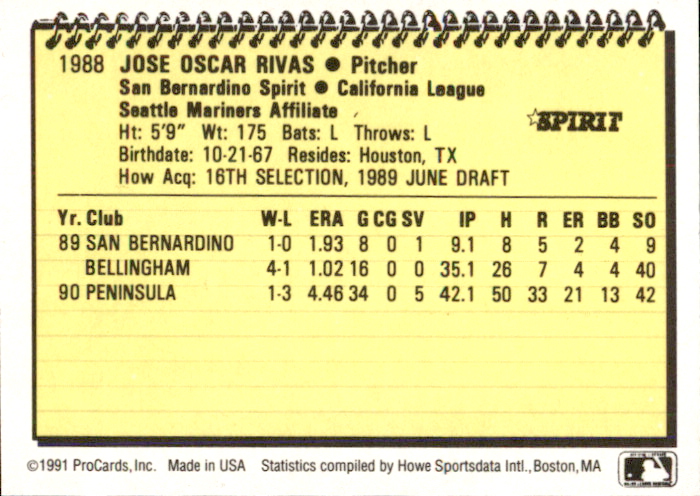 1991 San Bernardino Spirit ProCards #1988 Oscar Rivas back image