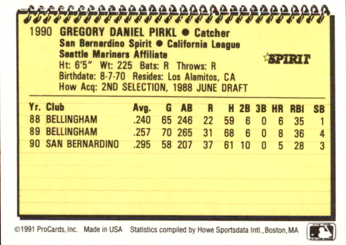 1991 San Bernardino Spirit ProCards #1990 Greg Pirkl back image