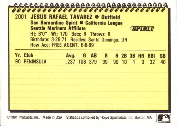 1991 San Bernardino Spirit ProCards #2001 Jesus Tavarez back image