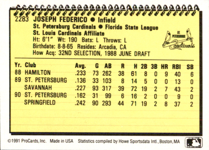 1991 St. Petersburg Cardinals ProCards 2283 Joe Federico