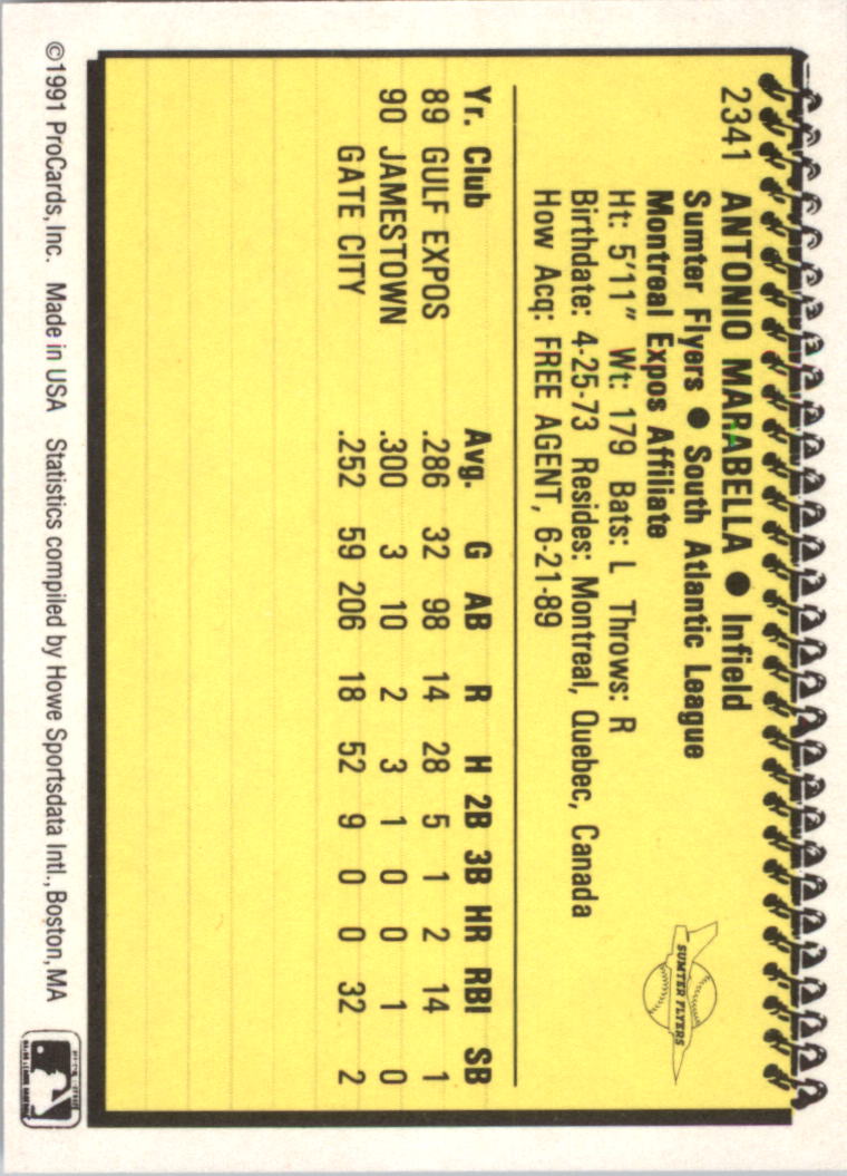 1991 Sumter Flyers ProCards #2341 Tony Marabella - NM-MT